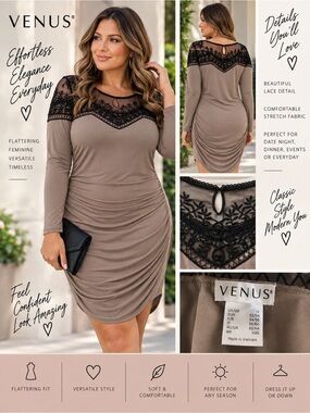 VENUS Women’s Plus Size 1X Lace Ruched Bodycon Dress Taupe Black Long Sleeve